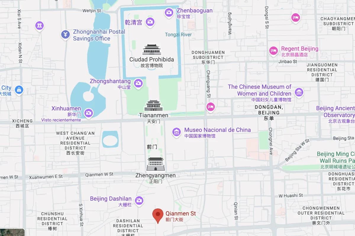 Map of the Qianmen area, south of Tiananmen Square, in Beijing