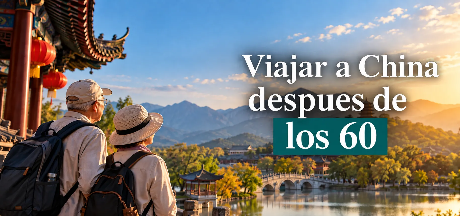 Pareja de turistas mayores contemplando un paisaje chino desde un mirador