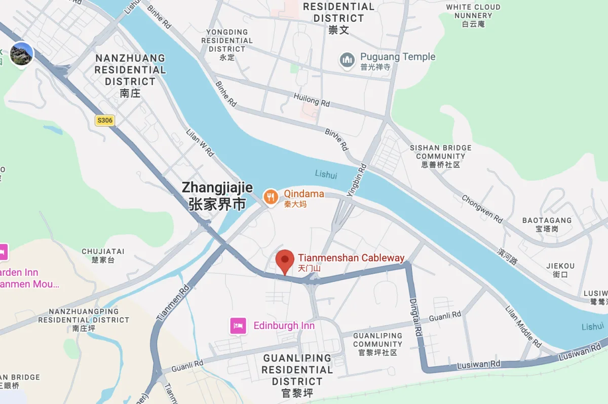 Map of Zhangjiajie city showing the Tianmen Mountain cable car station
