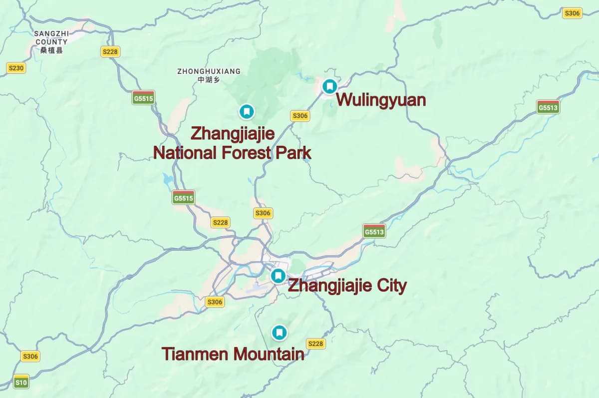 Map of the Zhangjiajie region showing the city, Tianmen Mountain, and Wulingyuan