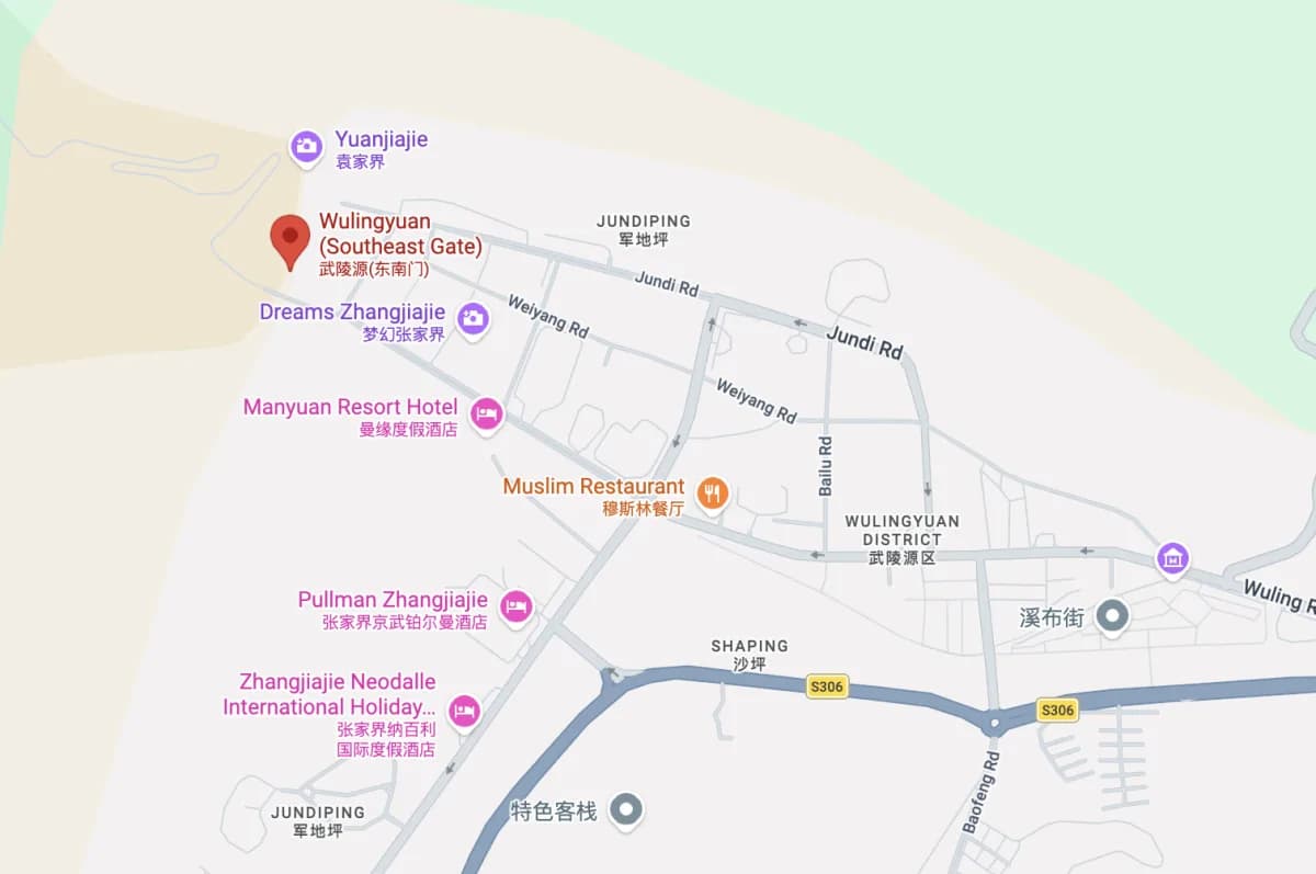Map of Wulingyuan and the East Gate of Zhangjiajie National Forest Park