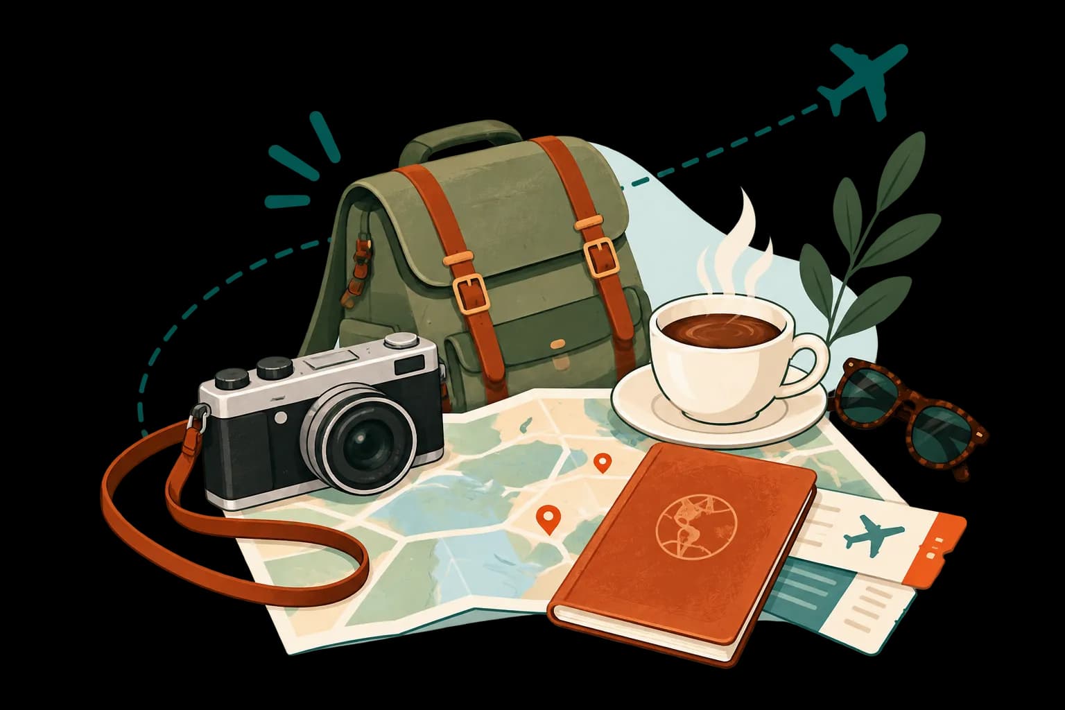 Elementos de viaje: mochila, cámara, mapa, pasaporte y pasajes